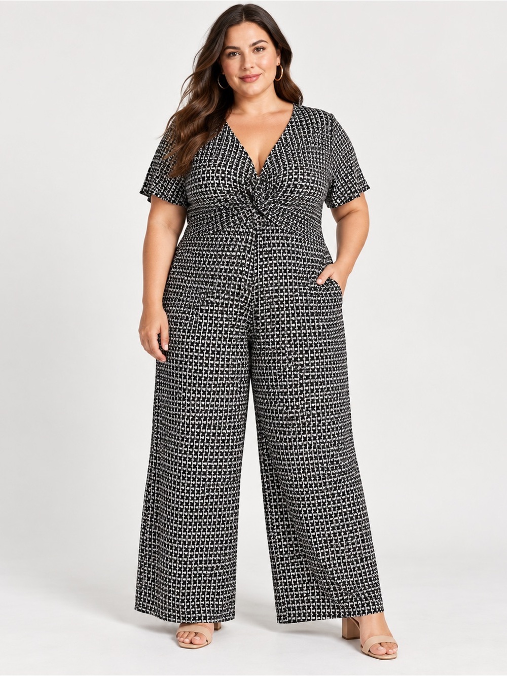 Lane Bryant Black & White Wide-Leg Twist-Front Jumpsuit